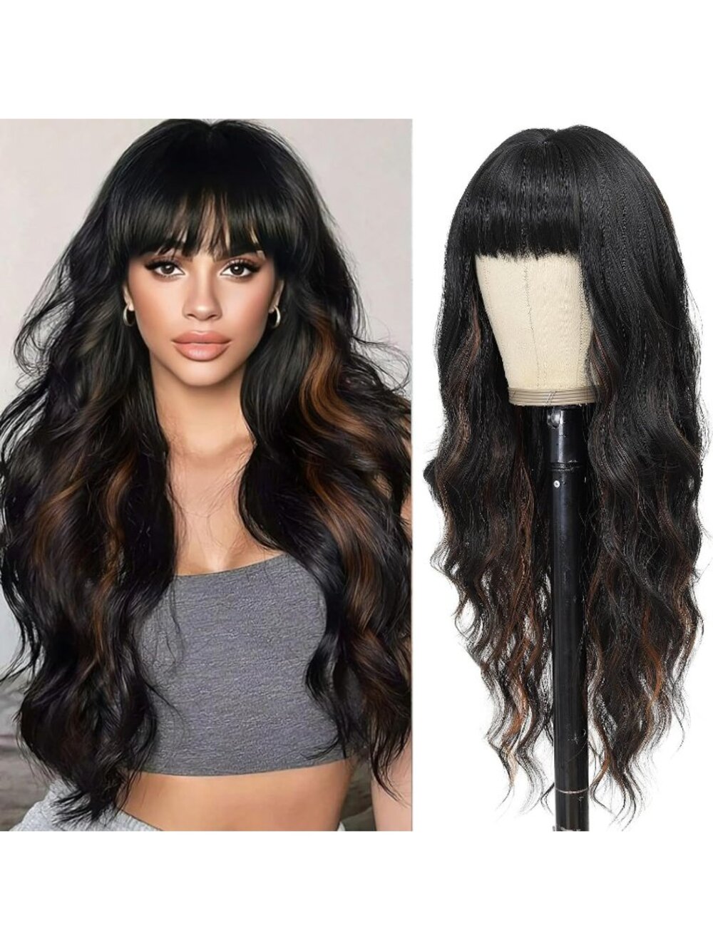 Women's Black Brown 26 Inch Natural Looking Heat Resistant Synthetic Wigs Bangs